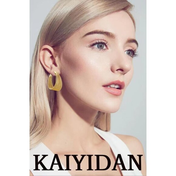 Women's 14K Gold Plated Chunky Dangle Hoop Earring Statement Thick Gold Brushed - Picture 2 of 9